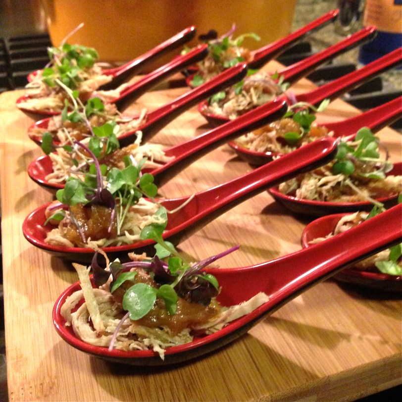 Healthy spoonfuls of curried pulled pork topped with fennel-appple chutney and micro-greens - yes!